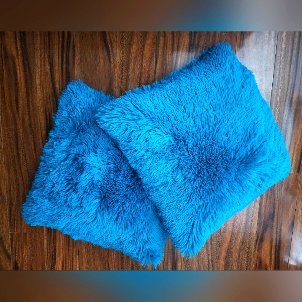 2 fluffy turquoise pillows